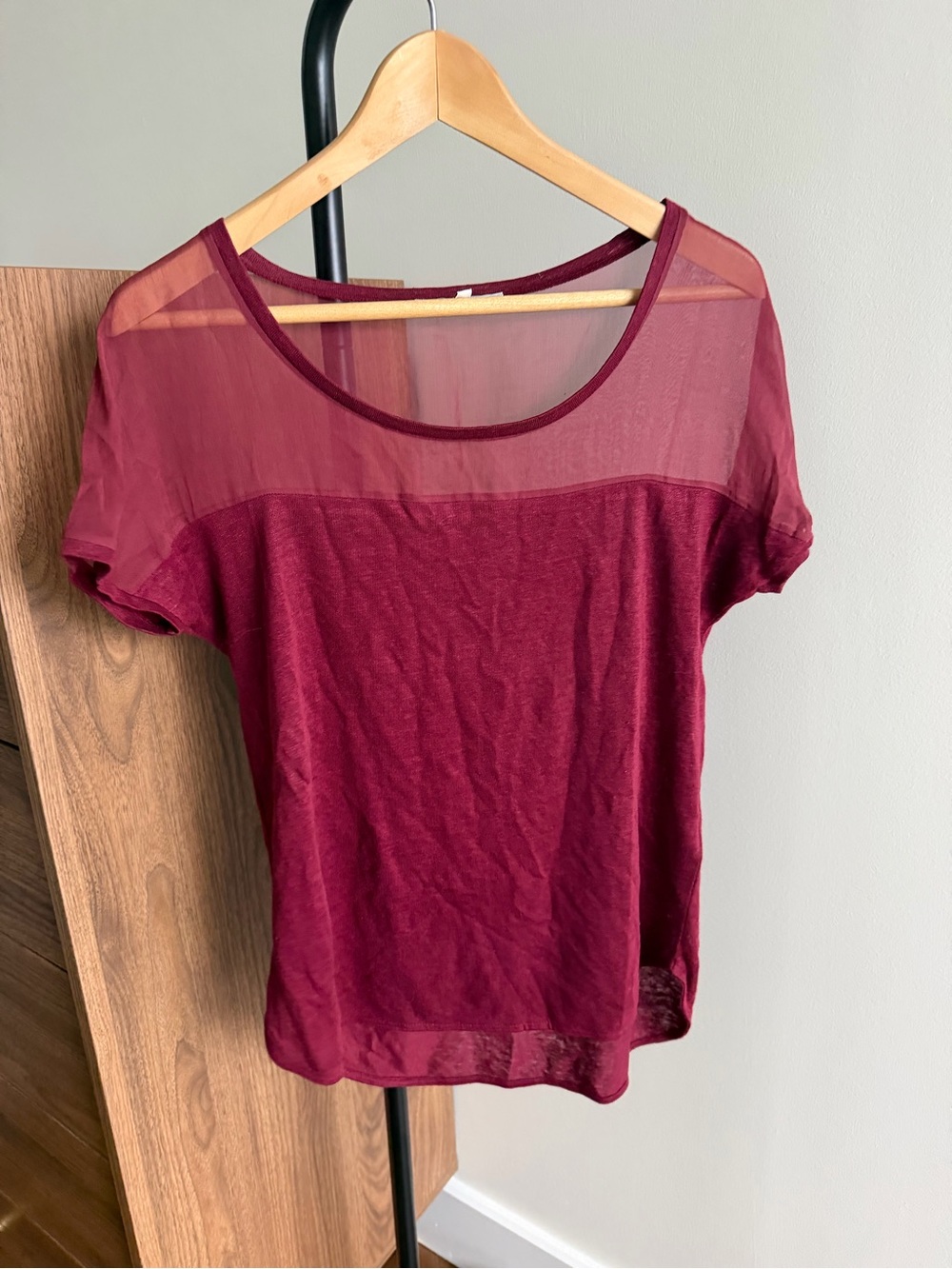 Sandro Paris Burgundy Silk & Linen Sheer Panel Short Sleeve Top Size 2 (US M)